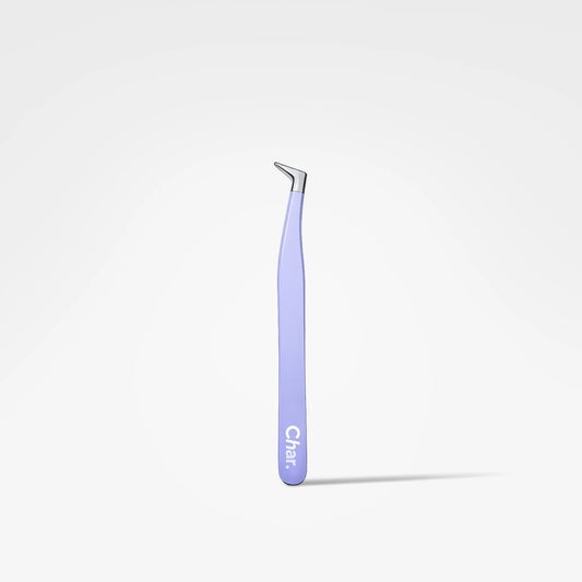 A single pair of angled precision tweezers with a light lavender-purple handle and silver metal tips, standing vertically on a clean white background. The brand name 'CHAR' is printed in white on the handle.