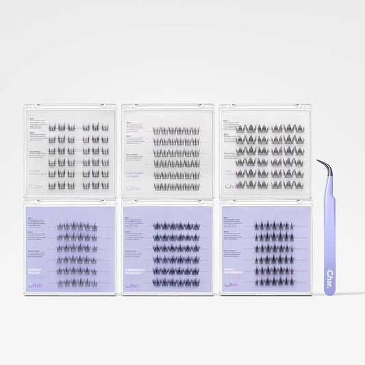 Six trays of false eyelash clusters arranged in a 2x3 grid, with a single pair of lavender tweezers standing on the right side against a light gray background.