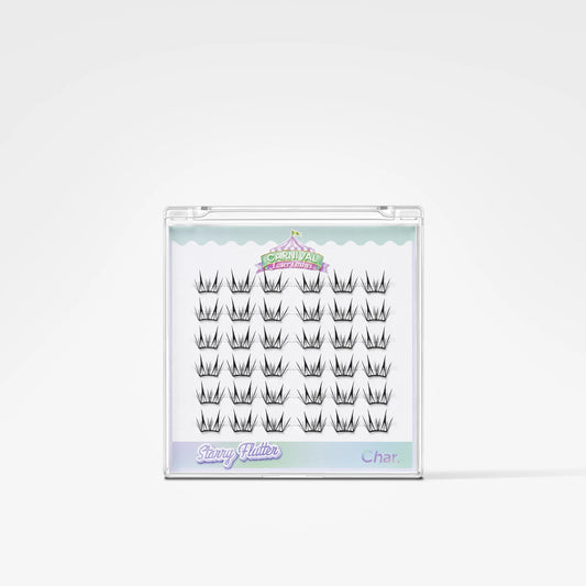 A package of false eyelashes on a white background. The lashes are arranged in rows inside a clear plastic case with a pastel blue and purple label.