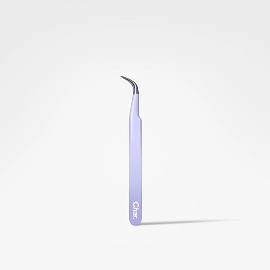 A single curved precision tweezler with a light lavender handle and a dark metallic tip, standing upright on a clean white background. The brand name 'Char' is printed vertically near the bottom of the handle.