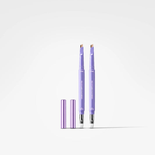 Two lavender purple eyebrow pomade tubes with their caps removed, standing upright on a clean white background.