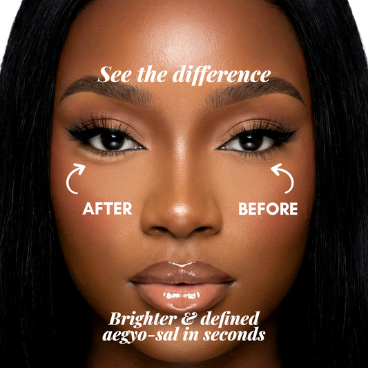Before and after comparison of eye makeup application on a person's face.
