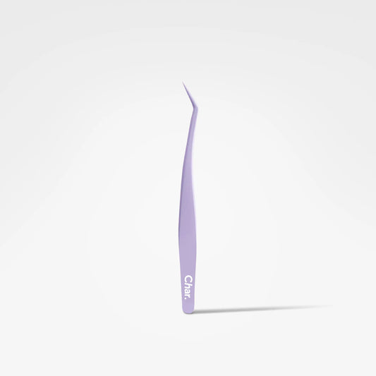 A single pair of delicate tweezers in a light lavender purple color, standing vertically on a clean white background with a soft shadow underneath. The brand name 'Chari' is printed vertically in white near the lower handle.
