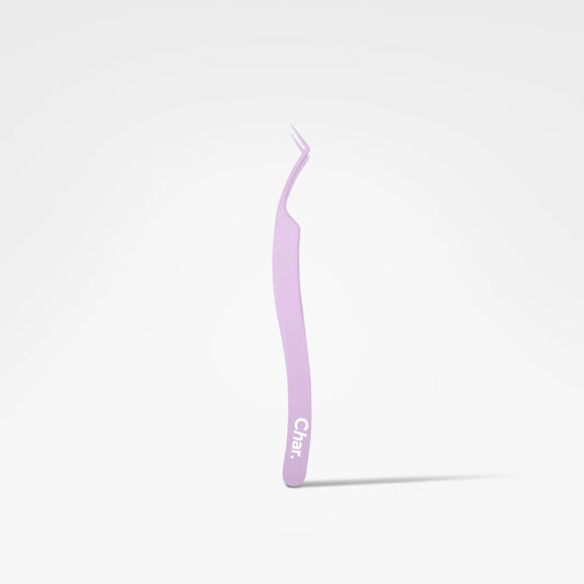 A single pair of delicate curved tweezers in a light pastel purple color, standing vertically on a clean white background with a soft shadow underneath. The brand name 'Char.