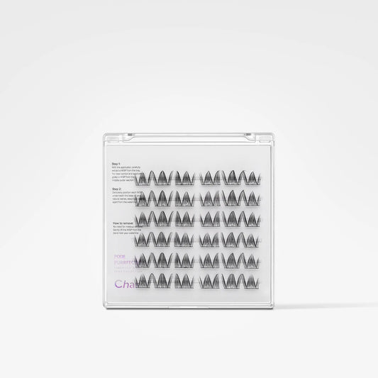 A clear plastic tray containing multiple rows of black false eyelash clusters, shown on a clean white background. The packaging includes printed instructions and a purple 'Chic' logo.
