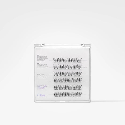 A clear plastic case containing five pairs of black false eyelashes on a white background. The packaging includes printed instructions and the brand name 'Fluffy Fairy Wildwest' with shade 'Char'.
