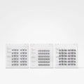 Three clear plastic trays of false eyelashes arranged side by side on a plain white background. The lashes are black and arranged in different patterns: vertical, wavy, and layered.