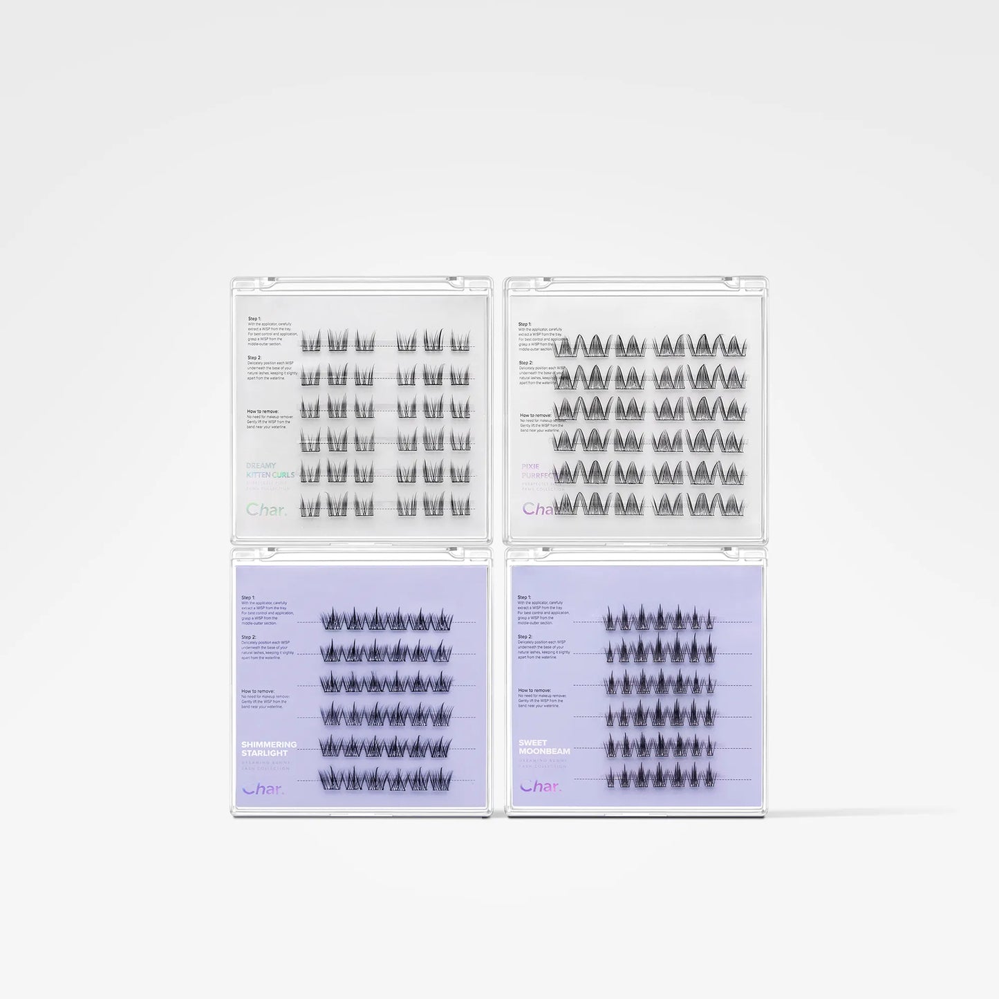 Four clear plastic trays containing multiple rows of black eyelash extensions, arranged in a 2x2 grid on a light gray background.