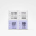 Four clear plastic trays containing multiple rows of black eyelash extensions, arranged in a 2x2 grid on a light gray background.