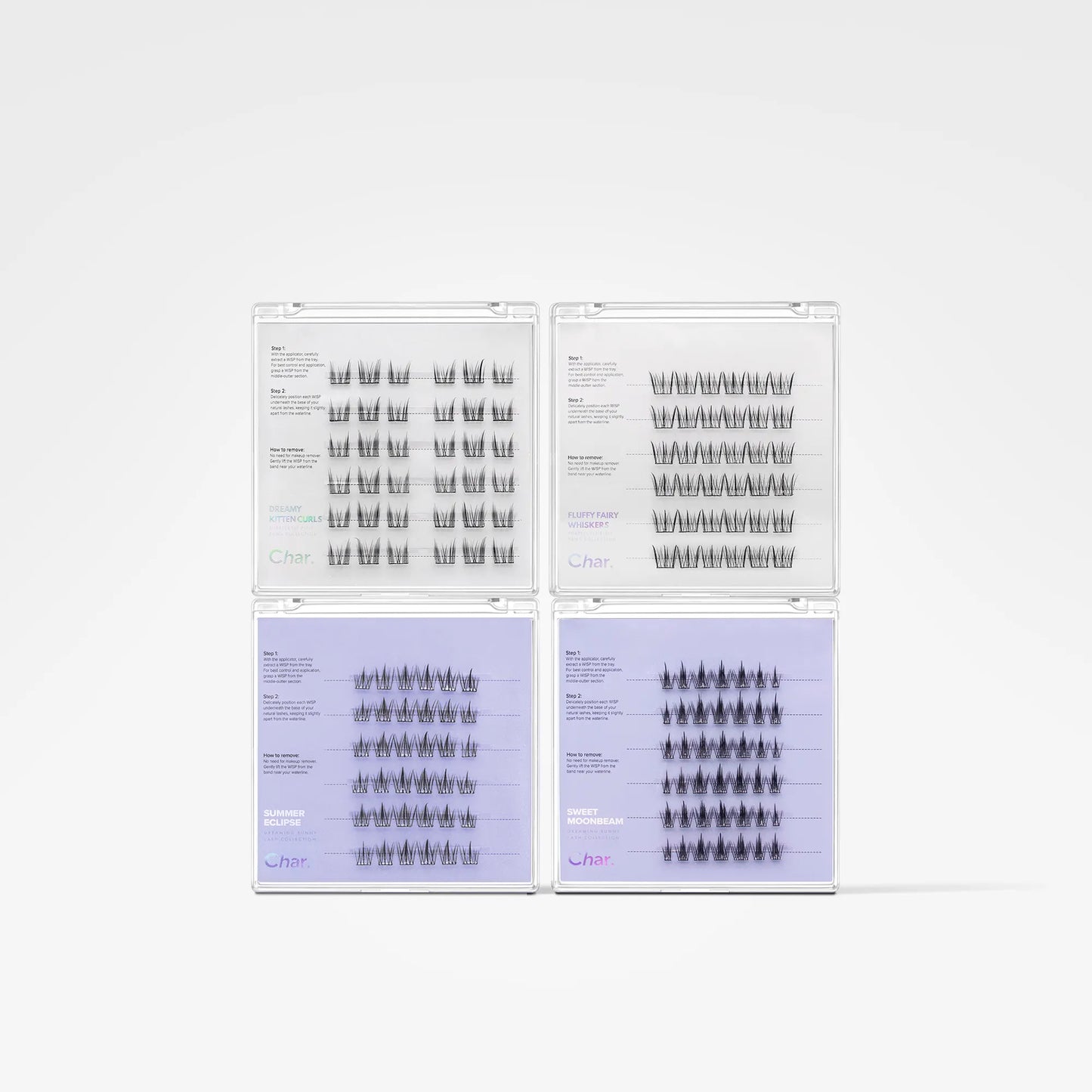 Four clear plastic trays containing multiple rows of black eyelash extensions, arranged in a 2x2 grid on a light gray background.