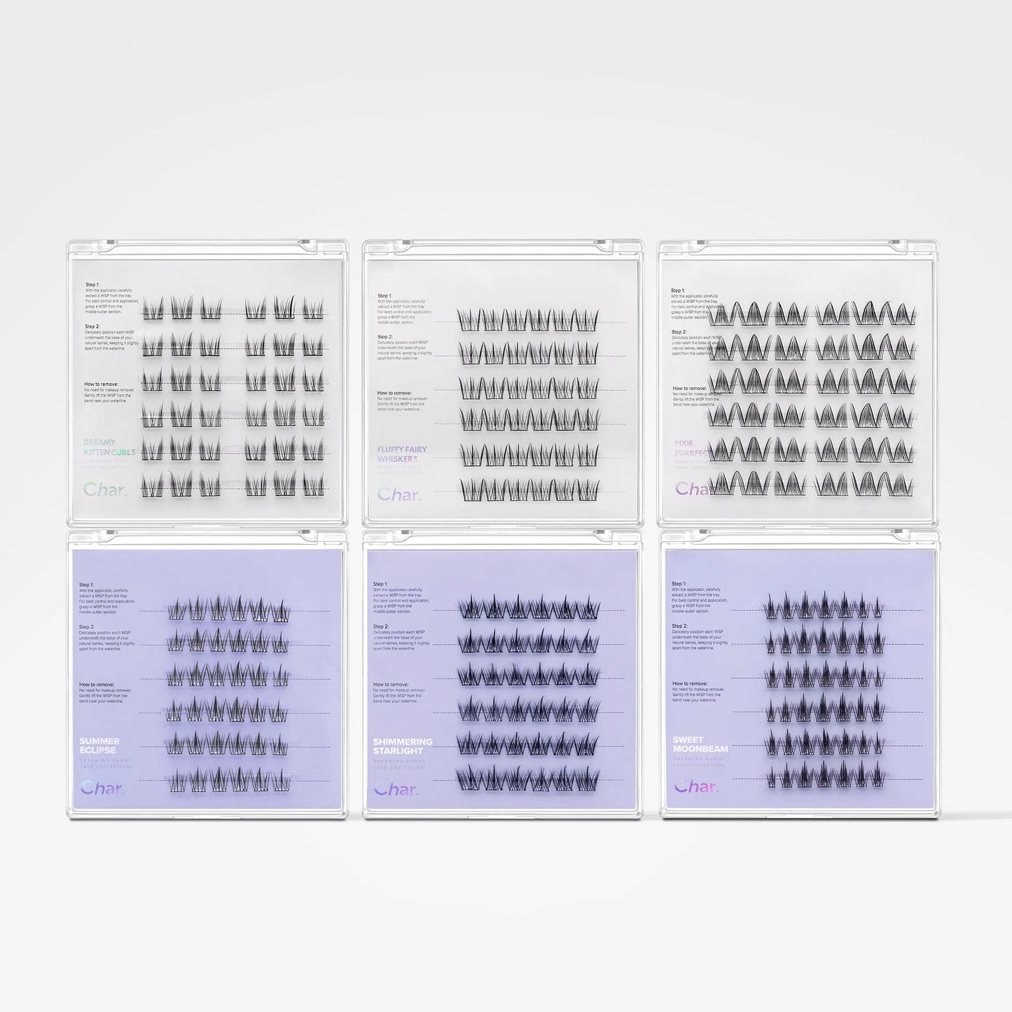 Six printed chart panels arranged in a 2x3 grid on a light gray background. The charts contain rows of small black geometric symbols or icons, with some panels showing a lavender-purple background and the rest white.