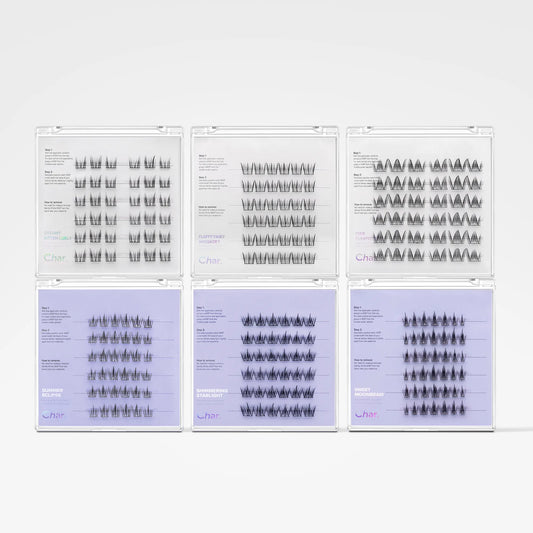 Six printed chart panels arranged in a 2x3 grid on a light gray background. The charts contain rows of small black geometric symbols or icons, with some panels showing a lavender-purple background and the rest white.