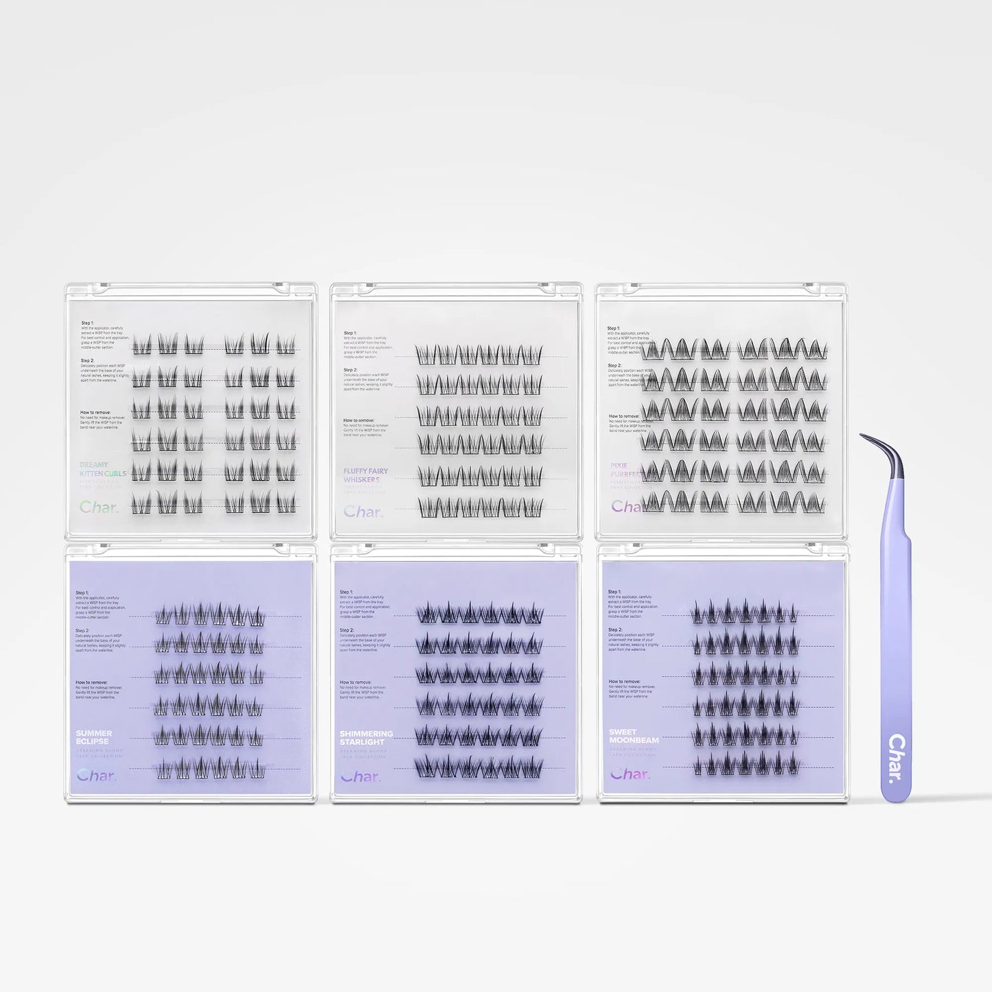 Six trays of false eyelash clusters arranged in a 2x3 grid, with a single pair of lavender tweezers standing on the right side against a light gray background.