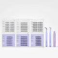 Six trays of false eyelash clusters arranged in a grid, alongside three application tools: a pair of curved tweezers, a small spatula, and a purple adhesive bottle. The tweezers and bottle are branded with the word 'Chic.