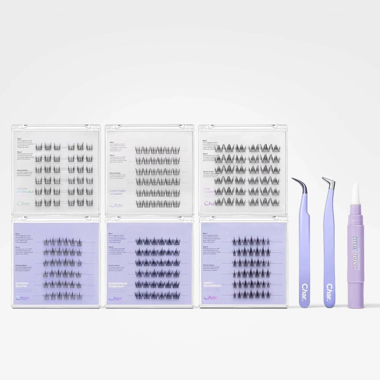 Six trays of false eyelash clusters arranged in a grid, alongside three application tools: a pair of curved tweezers, a small spatula, and a purple adhesive bottle. The tweezers and bottle are branded with the word 'Chic.