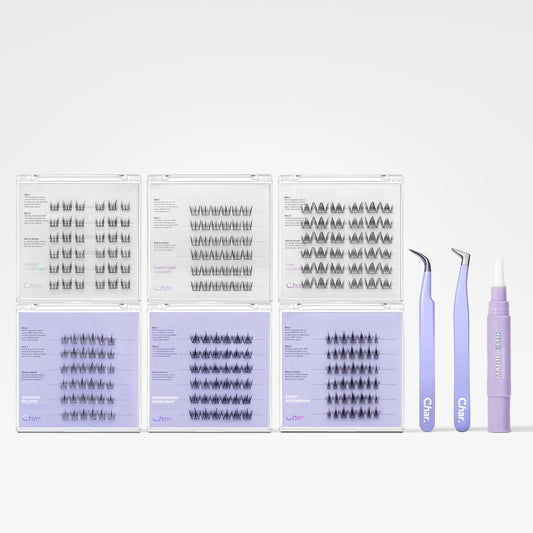 Six trays of false eyelash clusters arranged in a grid, alongside three application tools: a pair of curved tweezers, a small spatula, and a purple adhesive bottle. The tweezers and bottle are branded with the word 'Chic.