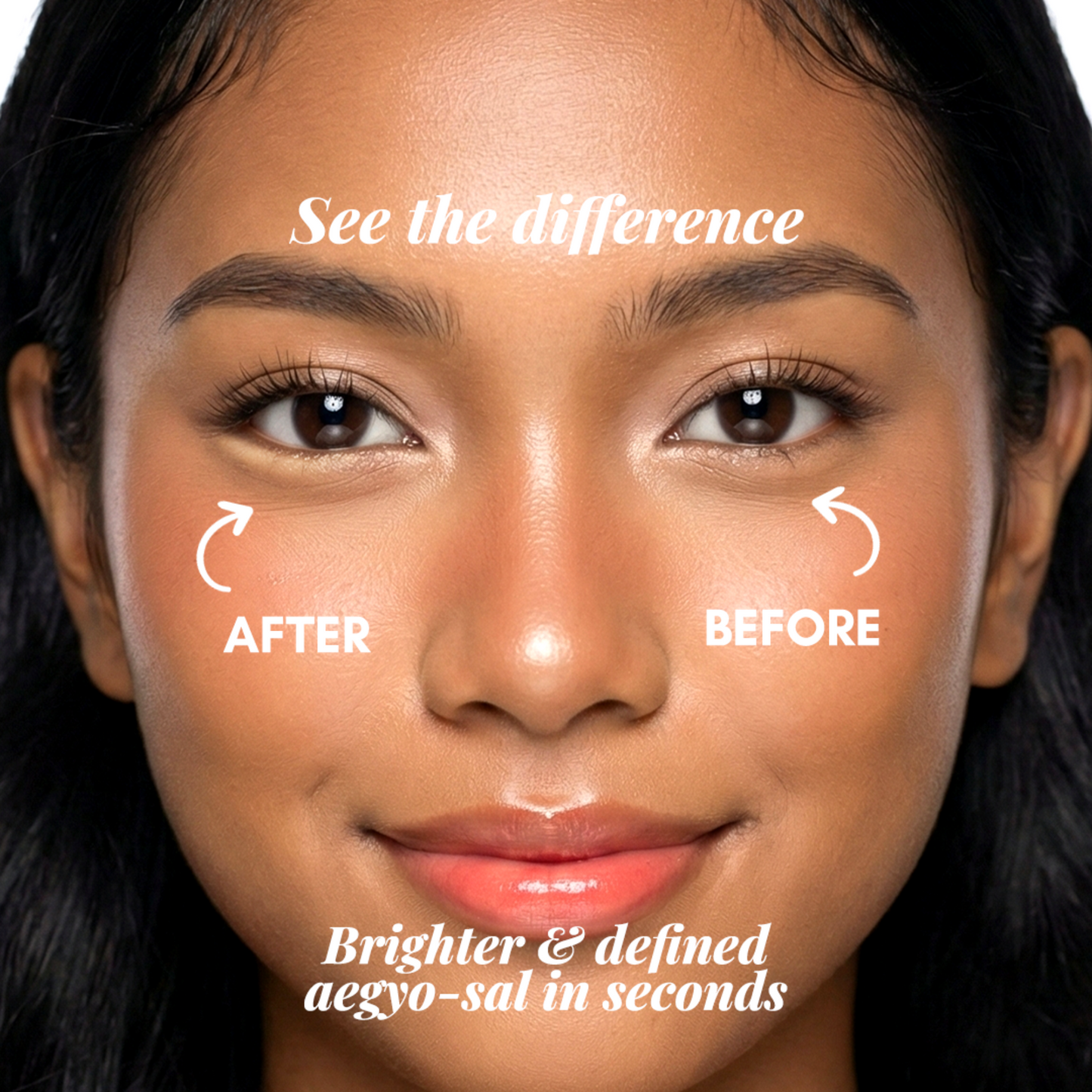 Before and after comparison of a woman's face with text indicating product effect.