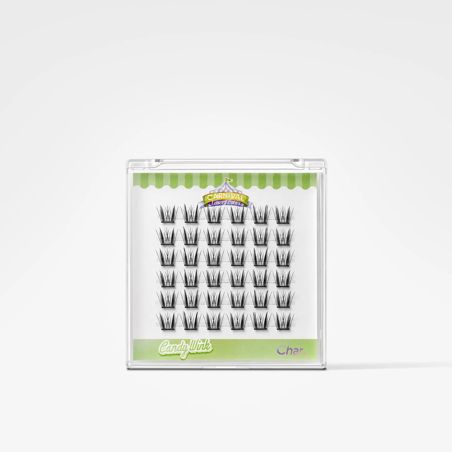 A package of false eyelashes on a white background. The lashes are arranged in a grid inside a clear plastic case with a green and white label.