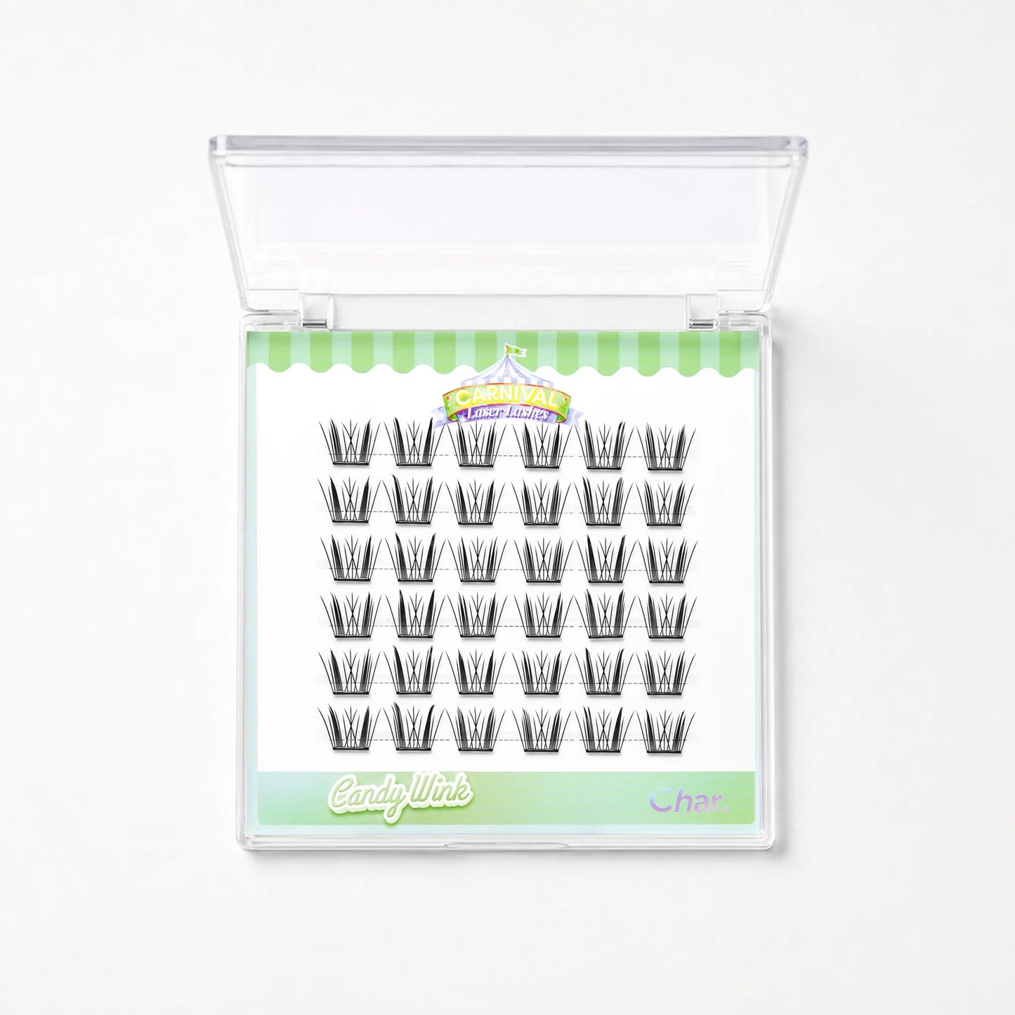 A pack of black false eyelash clusters in a clear plastic case with a white and green label. The brand name 'Candy Links' is visible on the label.