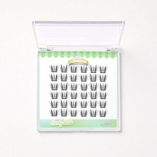 A pack of black false eyelash clusters in a clear plastic case with a white and green label. The brand name 'Candy Links' is visible on the label.