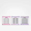 Three packages of false eyelashes arranged side by side on a light gray background. Each package contains multiple rows of black false eyelashes, and the packaging features pink and purple borders with the brand name 'Super Glue' visible at the top.