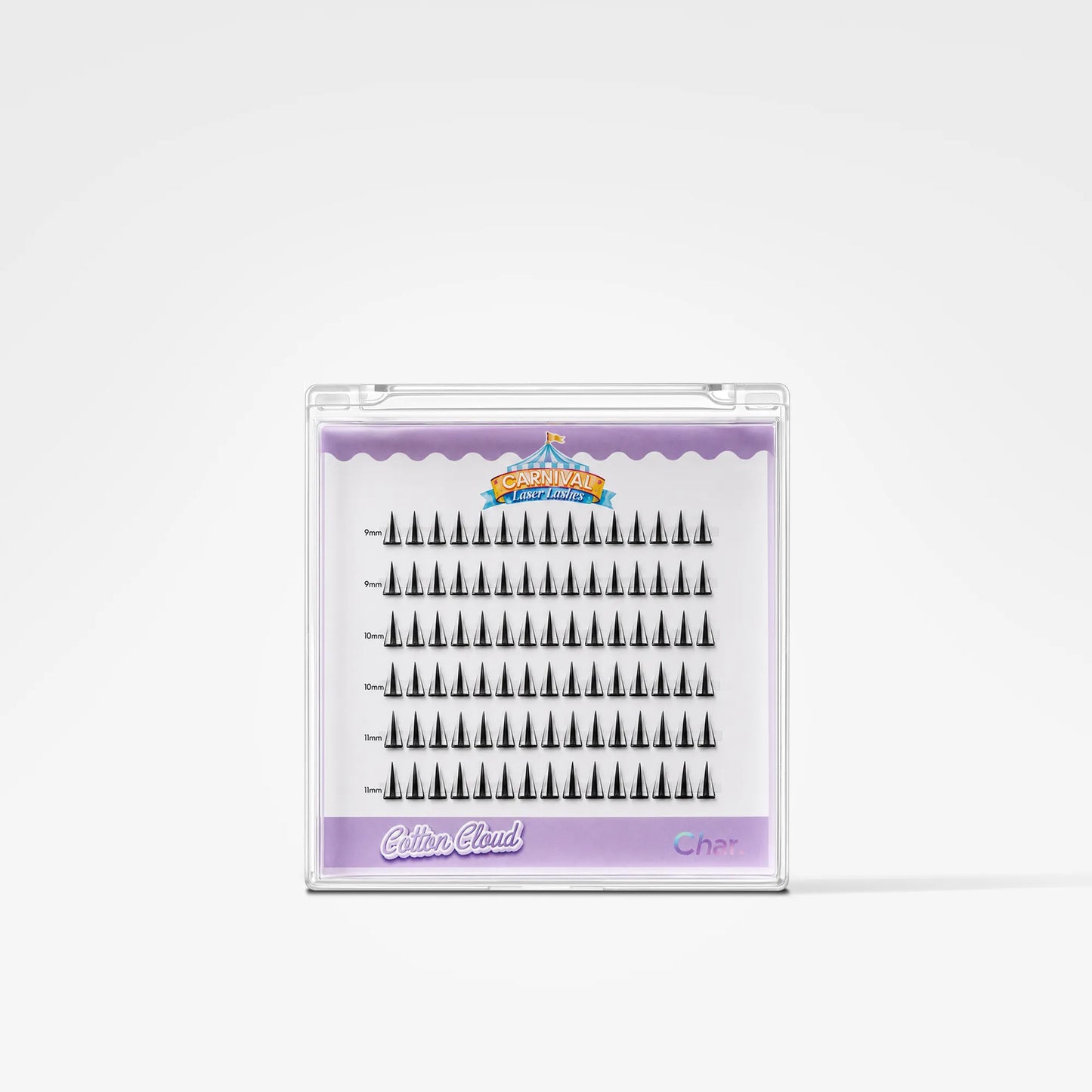 A package of black false eyelashes in a clear plastic case with a lavender and white insert. The brand name 'CinemaBlind' is visible on the packaging.