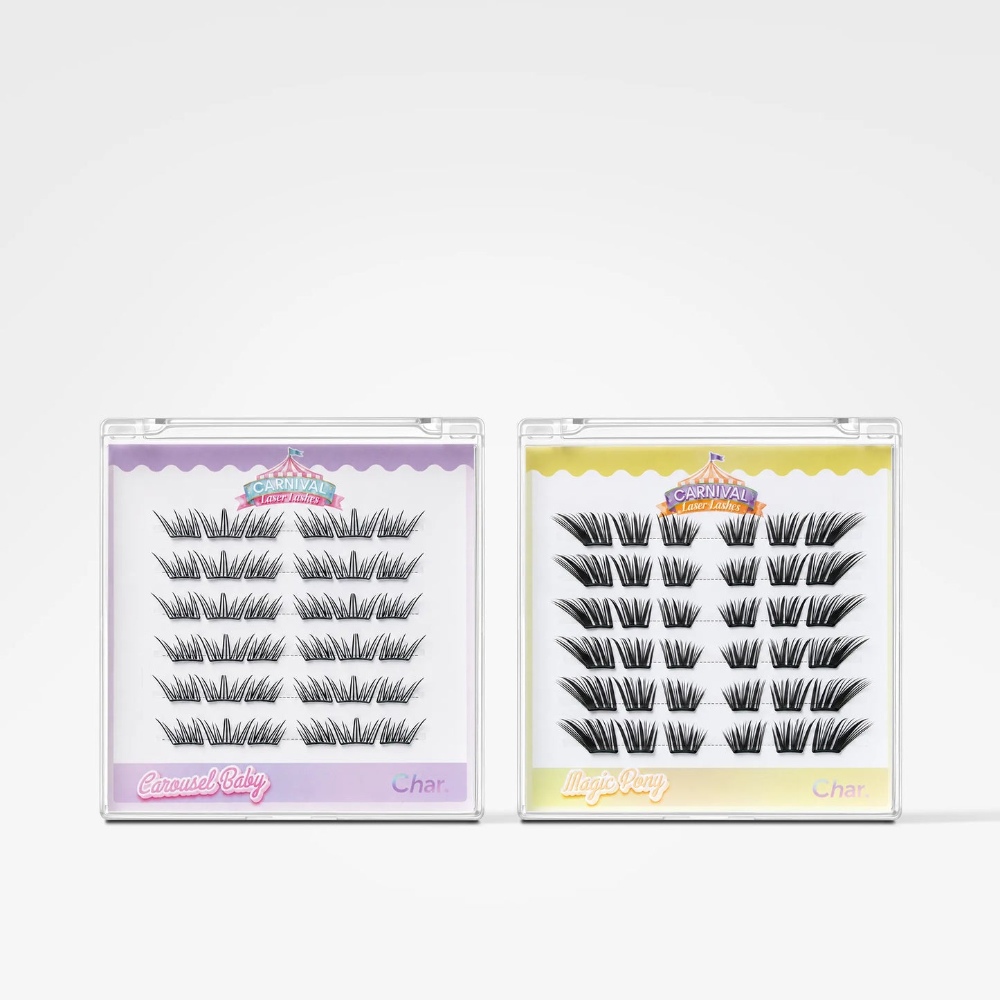 Two packages of false eyelashes on a light gray background. The left package has a lavender purple header and the right package has a pale yellow header, both containing multiple rows of black cluster eyelashes.