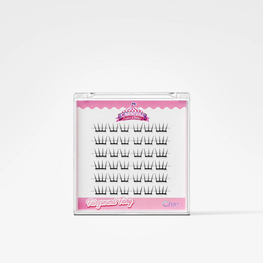 A clear plastic clamshell package containing multiple pairs of black false eyelashes on a white card with pink branding, photographed on a clean white background.