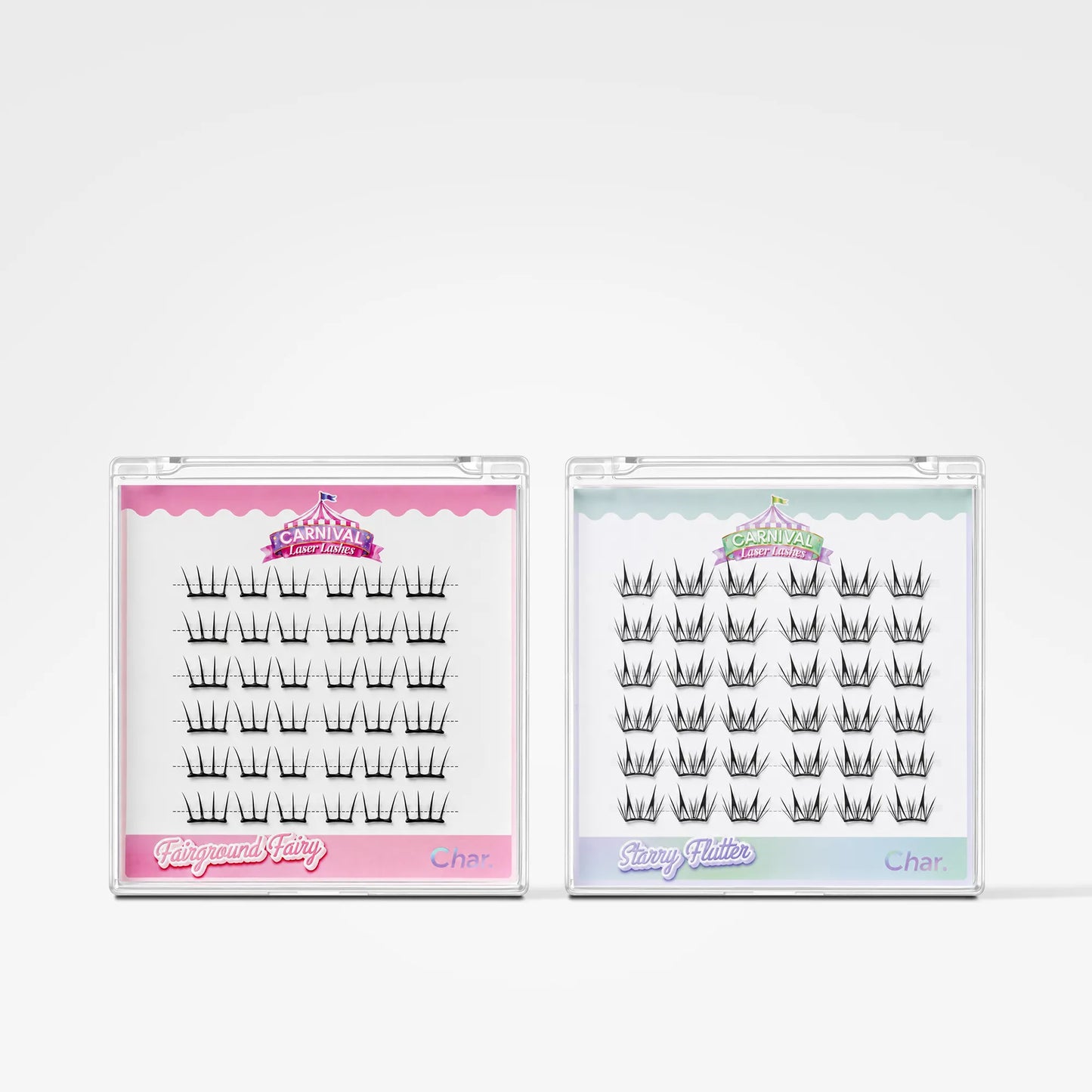 Two packs of false eyelashes on clear plastic trays, labeled 'Shiny Kittens' and 'Char', shown side by side against a light gray background.