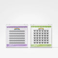 Two clear plastic trays of false eyelashes on a light gray background. The left tray has a purple label and the right tray has a green label, both branded 'Candydrops'.