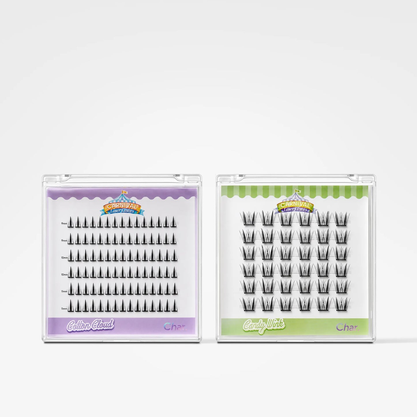Two clear plastic trays of false eyelashes on a light gray background. The left tray has a purple label and the right tray has a green label, both branded 'Candydrops'.