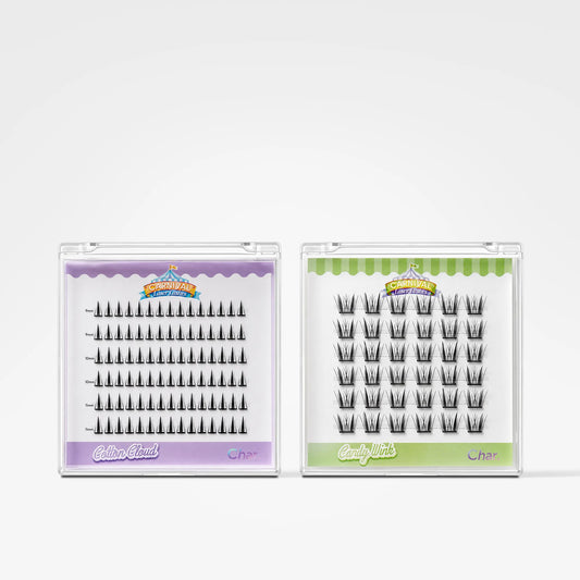 Two clear plastic trays of false eyelashes on a light gray background. The left tray has a purple label and the right tray has a green label, both branded 'Candydrops'.
