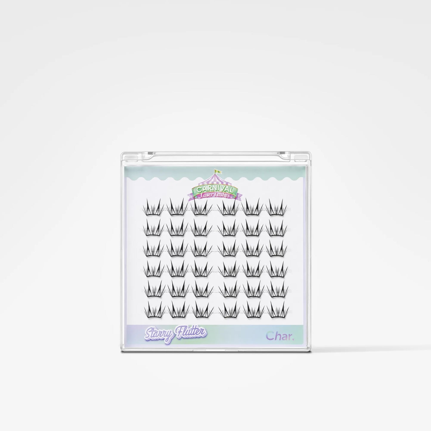 A package of false eyelashes on a white background. The lashes are arranged in rows inside a clear plastic case with a pastel blue and purple label.