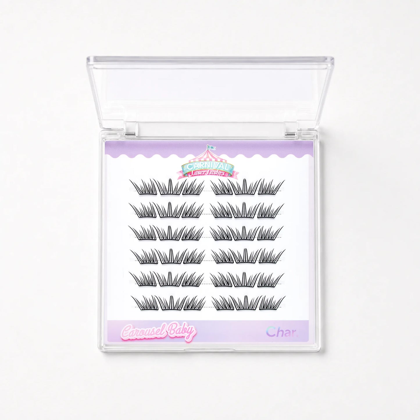 A package of false eyelashes in a clear plastic case with a white insert. The insert shows 12 pairs of black false eyelashes arranged in two columns, with a lavender header and footer.