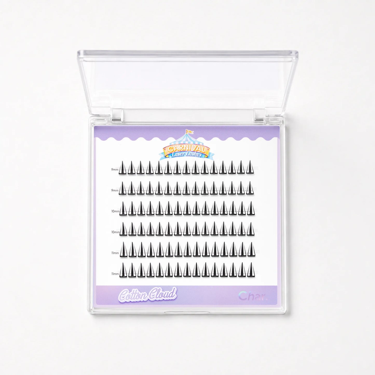 A clear plastic clamshell case containing multiple rows of black false eyelashes on a white insert card with a lavender border. The card shows the brand name 'Cotton Cloud' and a small carnival-themed logo.