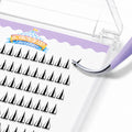 Close-up of a lash tray with rows of black triangular false eyelash clusters and a purple-handled tweezzer resting on the tray. The tray has a printed logo reading 'Carnival Laser Lashes' on a white background with a clear lid.