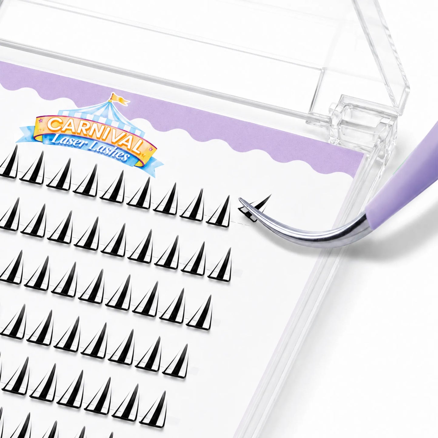Close-up of a lash tray with rows of black triangular false eyelash clusters and a purple-handled tweezzer resting on the tray. The tray has a printed logo reading 'Carnival Laser Lashes' on a white background with a clear lid.