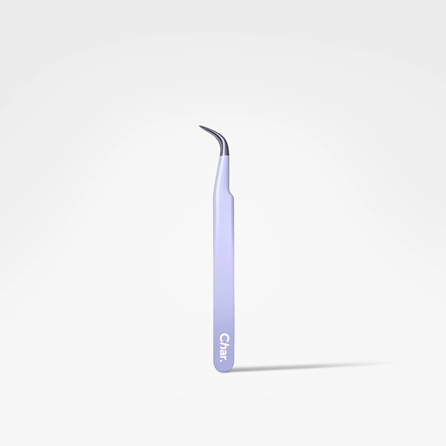 A single curved precision tweezler with a light lavender handle and a dark metallic tip, standing upright on a clean white background. The brand name 'Char' is printed vertically near the bottom of the handle.