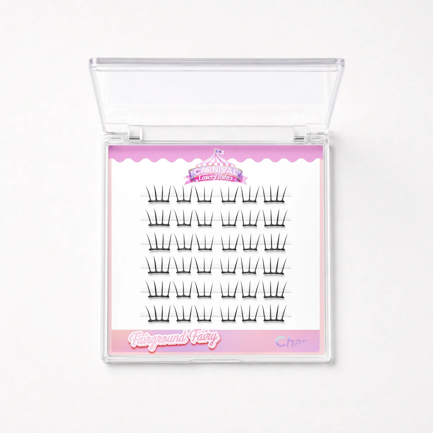 A clear plastic clamshell case containing 20 pairs of black false eyelashes on a white card with pink decorative borders and the brand name 'Fairyground Fairy' visible.