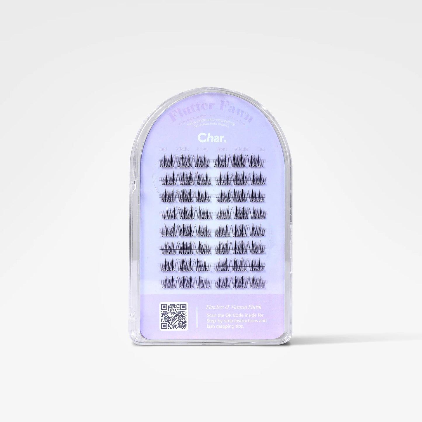 A package of false eyelashes in a clear plastic arch-shaped case with a light lavender label. The label reads 'Fluffer Fans' and 'Char.