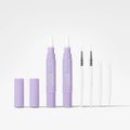 Magic Cluf nail art kit in lavender purple, featuring two dual-tip applicator pens, two cap pieces, three white nail brushes, and three white spoolie tools on a clean white background.