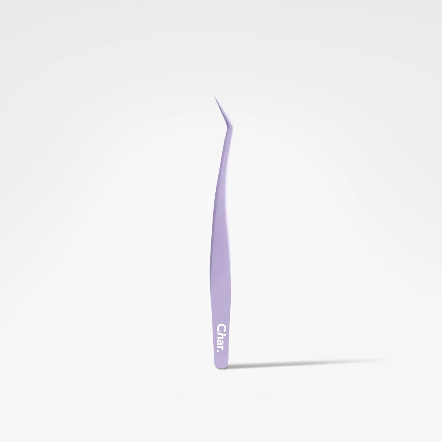 A single pair of delicate tweezers in a light lavender purple color, standing vertically on a clean white background with a soft shadow underneath. The brand name 'Chari' is printed vertically in white near the lower handle.