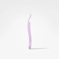 A single pair of delicate curved tweezers in a light pastel purple color, standing vertically on a clean white background with a soft shadow underneath. The brand name 'Char.