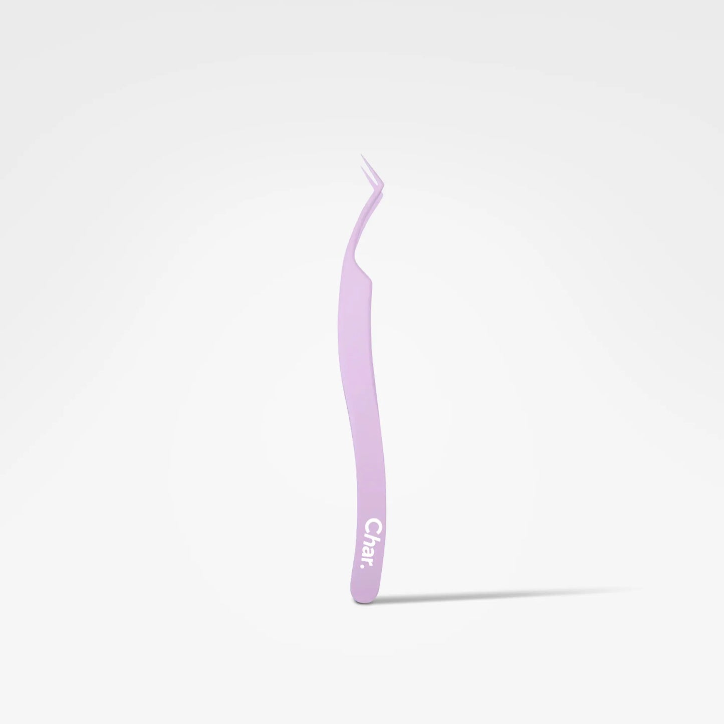 A single pair of delicate curved tweezers in a light pastel purple color, standing vertically on a clean white background with a soft shadow underneath. The brand name 'Char.