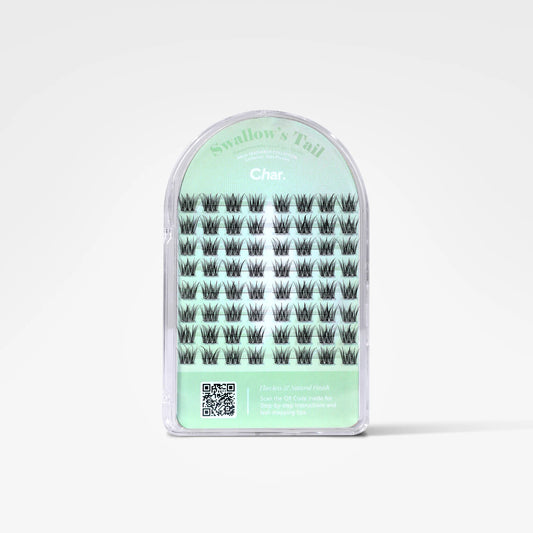 A package of false eyelashes in an arched clear plastic case with a mint green label. The label reads 'Swallow's Tail' and 'Char.