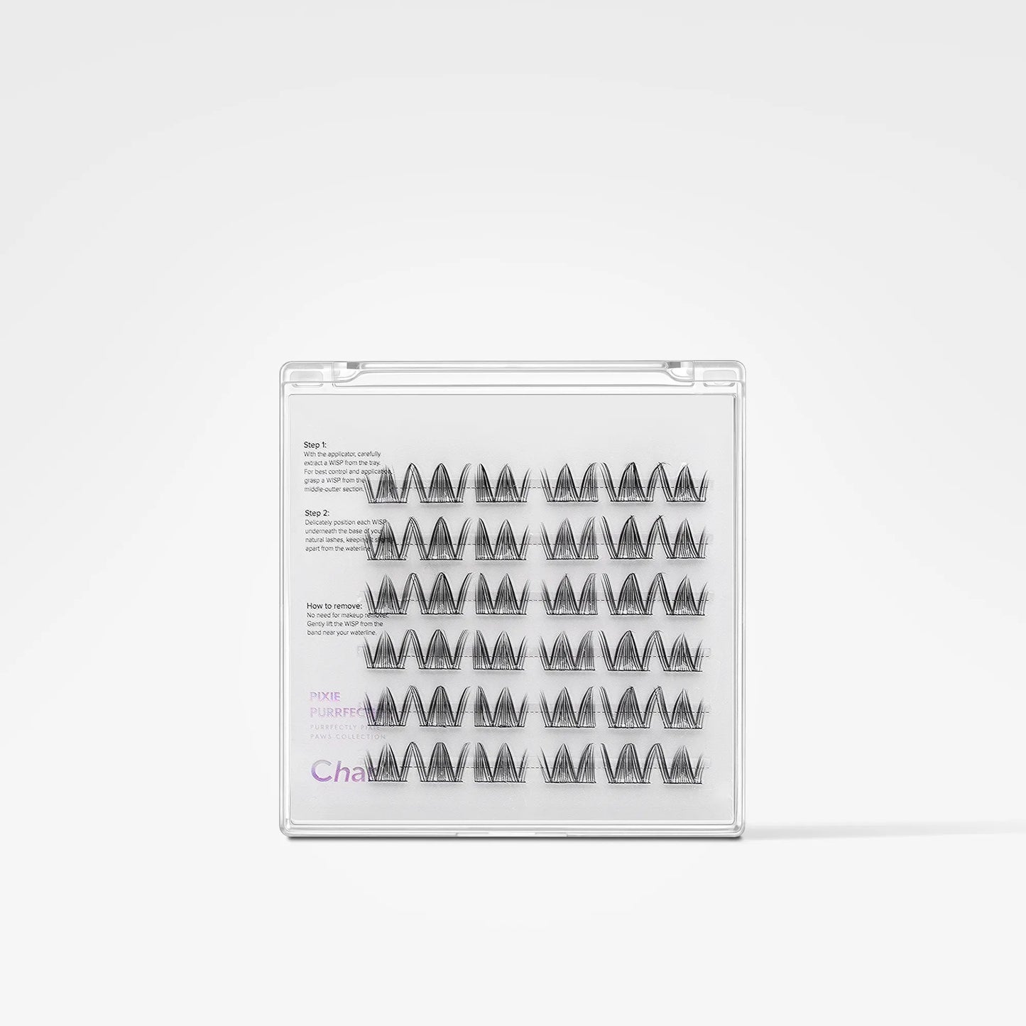 A clear plastic tray containing multiple rows of black false eyelash clusters, shown on a clean white background. The packaging includes printed instructions and a purple 'Chic' logo.