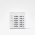 A clear plastic clamshell package containing multiple pairs of black false eyelashes arranged in rows on a white insert, photographed against a clean white background.