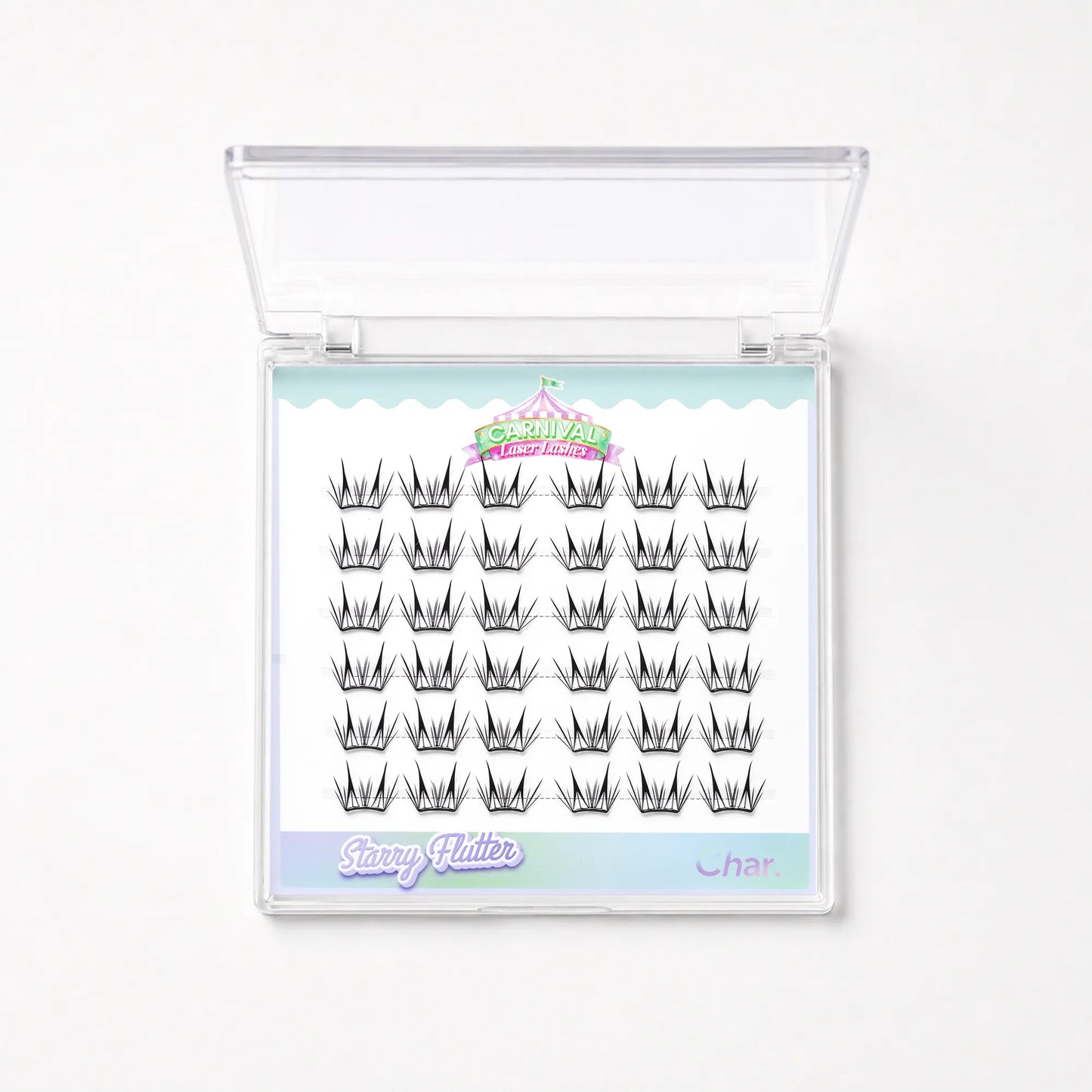 A clear plastic clamshell case containing rows of black false eyelash clusters on a white backing card. The card has pastel blue and pink decorative borders and visible text including 'Starry Glitter' and 'Char'.