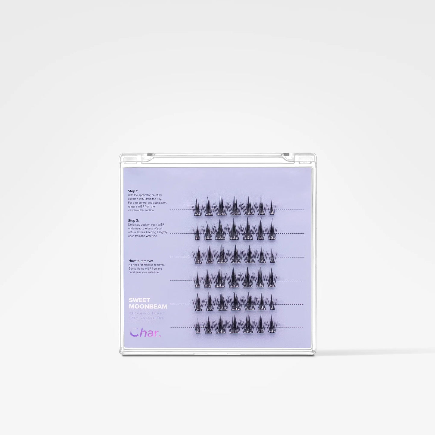 A clear plastic tray containing multiple rows of small black false eyelash clusters on a light lavender insert card with printed instructions and the brand name 'char'.