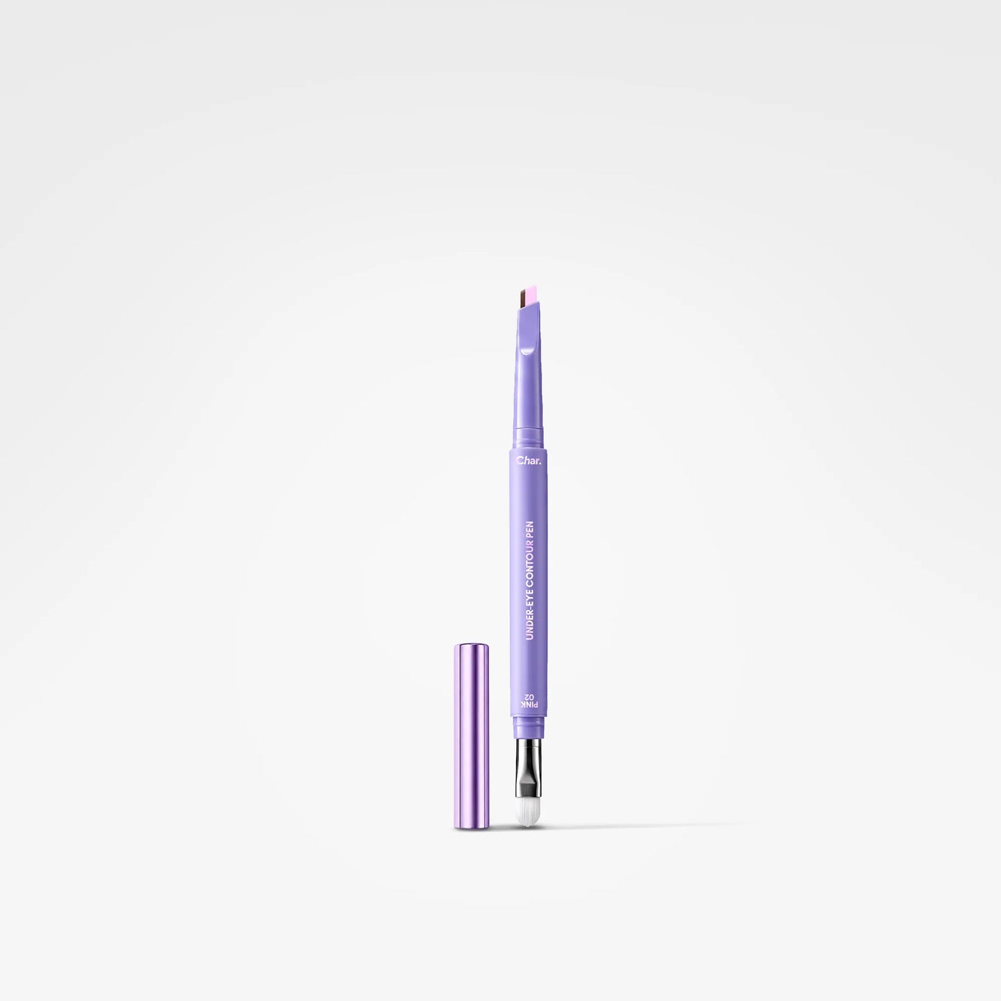 A lavender purple dual-ended cosmetic pen with its cap removed and standing beside it, set against a clean white background.